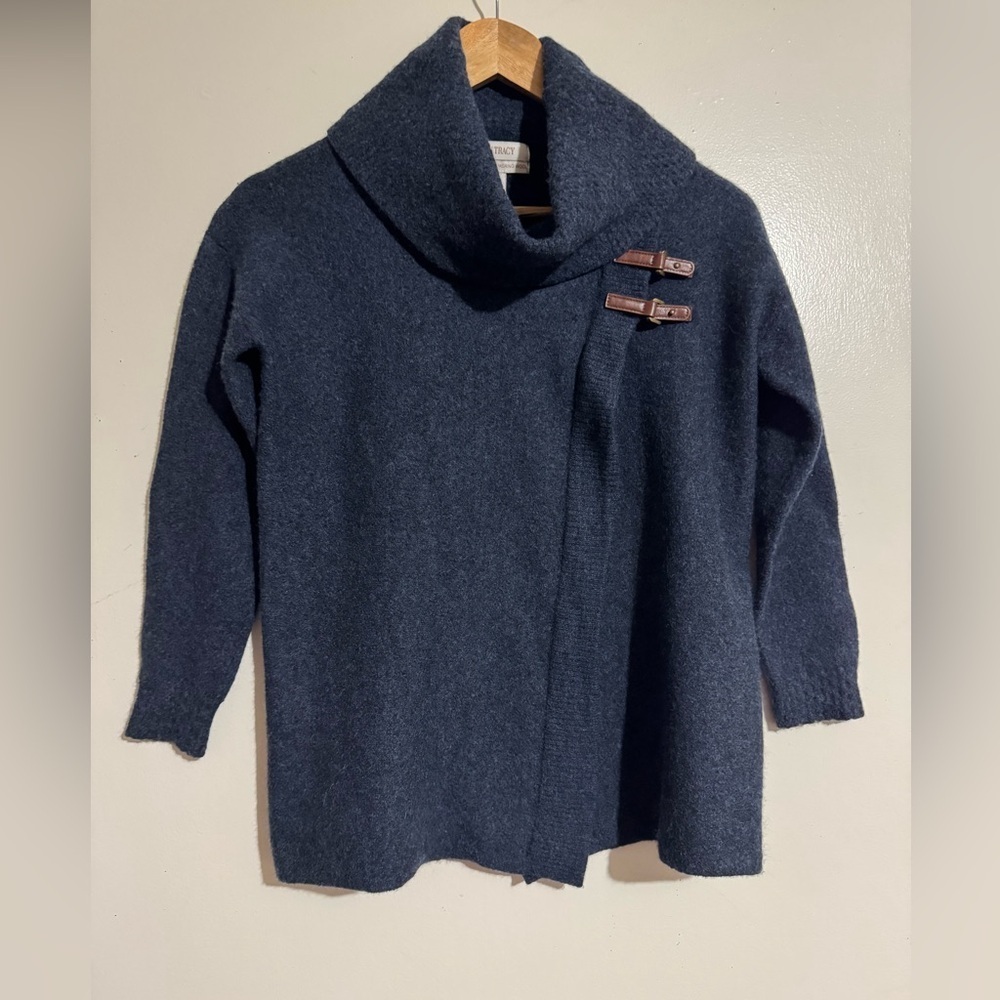Ellen Tracy Dark Blue fine merino wool Cardigan sweater with Buckle Accents S